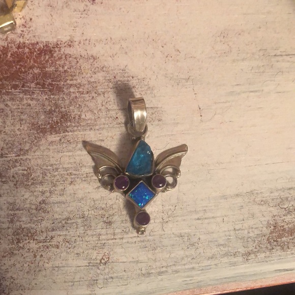 Beautiful Sterling Silver Lab Created Opal with a druzy stone & Amethyst Pendant - Picture 16 of 17